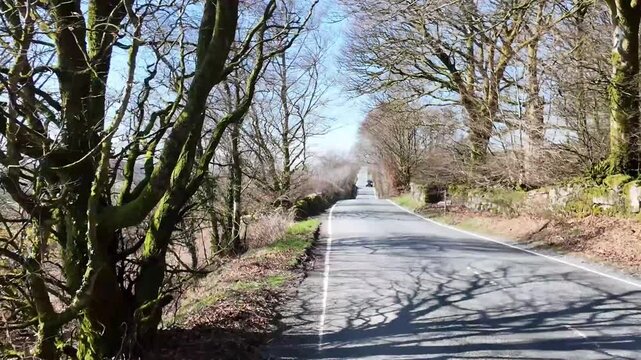 Dartmoor Devon England UK. 27.03.2026. Video. A car travels along a rural asphalt road on Dartmoor Devon  bordered by moss-covered trees and traditional stone walls under a clear blue sky