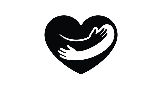 Minimalist black and white vector illustration showing a heart shape being hugged by human arms