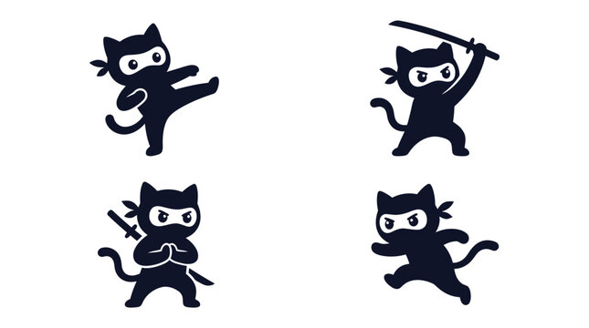 A collection of cute black vector ninja cat illustrations in various action poses for graphic design