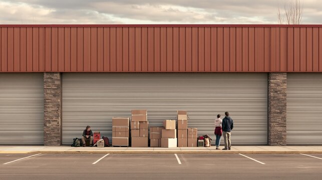 A shuttered hardware storefront with empty parking spaces and stacked moving boxes, worried shoppers in front, tense business mood, overcast daylight, wide composition.