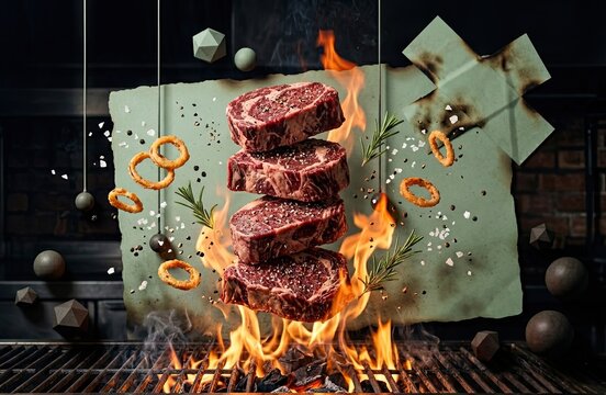 Floating grilled steak stack with fire onions and spices