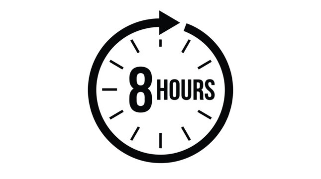 Minimalist black and white vector illustration showing a circular clock icon representing eight working hours