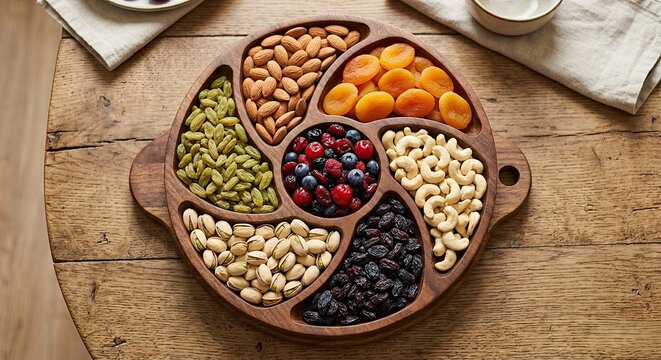Wooden bowl filled with assorted nuts and berries
