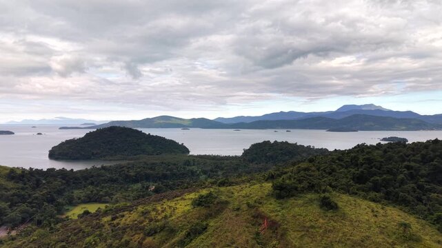 High Altitude View of Tropical Islands and Mountains