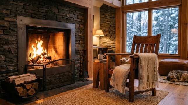 Relaxing cozy living room with burning fireplace and snow view fireplace comfortable interior