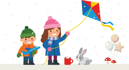 Fototapeta premium A young boy and girl play in the snow with a colorful kite, a toy airplane, a cute rabbit, and a warm cup of cocoa during winter.