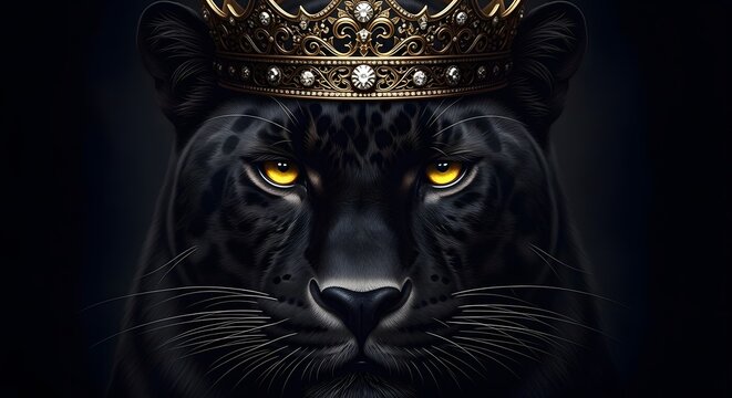 Majestic black panther wearing an ornate golden royal crown with majestic predator portrait strength wildlife ferocious artistic
