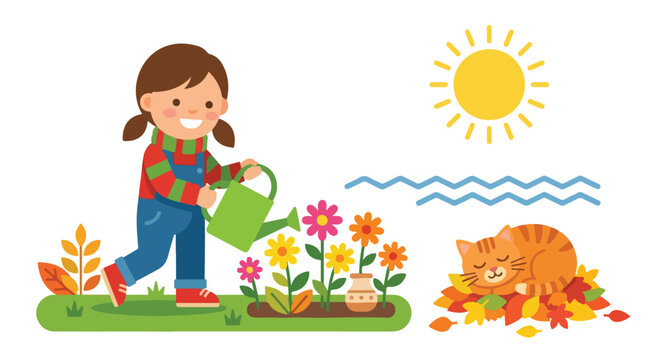 A cheerful girl waters colorful flowers in a garden while a ginger cat sleeps on autumn leaves under a bright sun by a wavy blue river.
