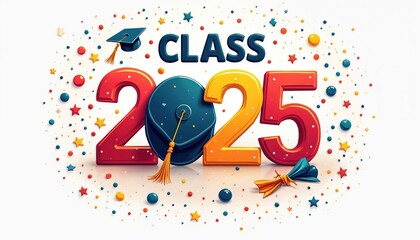 Fototapeta premium Class of 2025 graduation banner with colorful numbers and symbols. Confetti and stars create a festive celebration atmosphere. This image signifies academic achievement and future success.