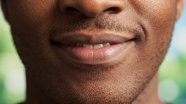 Lips Smiling Subtle Close-Up on Blurred Background, Warm Skin Texture, Confidence and Positive Communication Concept for Marketing