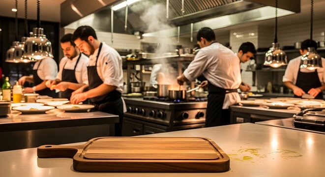 Professional chefs cooking in a busy commercial restaurant kitchen with steam rising from a cooking pan culinary arts restaurant bus
