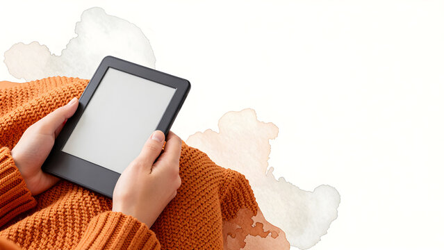 Hands holding ebook reader with blank screen in cozy orange sweater