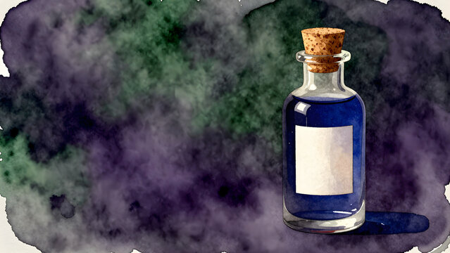 Magic potion bottle with blank label watercolor illustration