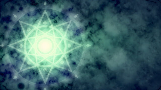 Mystic glowing occult star mandala on dark cloudy background