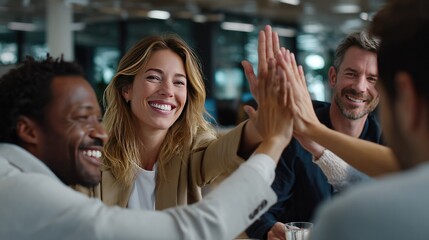 Fototapeta premium Teamwork High-Five: A diverse group of colleagues in a modern office setting shares a joyful high-five, celebrating collaboration and success. Their smiles radiate positivity and mutual respect.