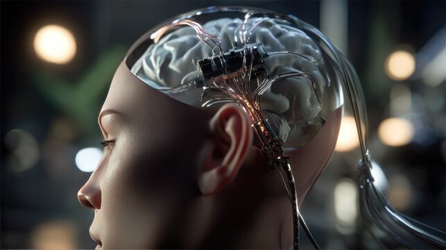 Cyborg Brain Interface: A detailed close-up of a human-like head, revealing a transparent cranium showcasing a brain integrated with advanced cybernetic technology and intricate wiring.