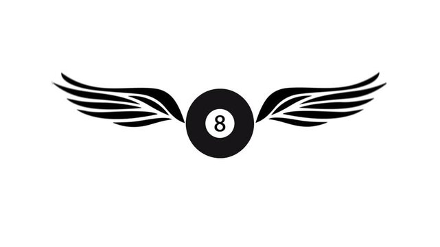 4K loop animation of a billiard 8 ball with two black wings flapping smoothly on a clean white background. Perfect for sports content, gaming projects, fantasy themes, video editing, and motion graphi