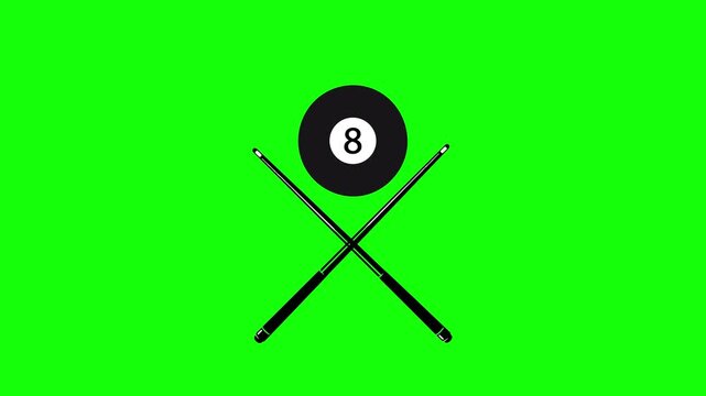 4K animation of a billiard 8 ball with two crossed cue sticks on a green background. Perfect for chroma key editing, pool tournaments, sports content, gaming videos, and motion graphics projects.