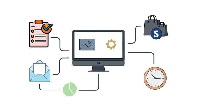 Computer Monitor with Multitasking Business Icons White Background