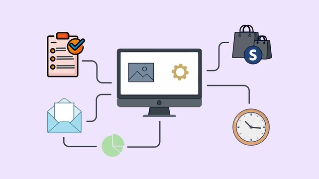 Computer Monitor with Multitasking Business Icons Purple Background