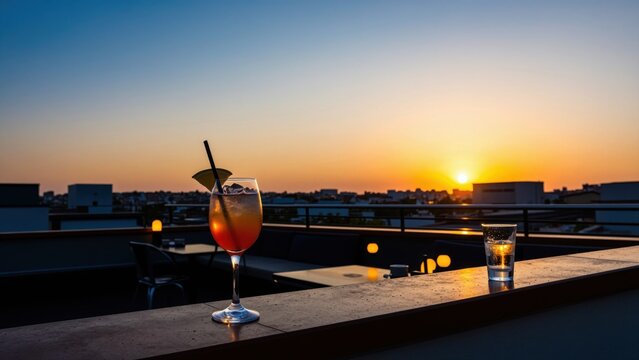 Rooftop Sunset Cocktail: A vibrant cocktail and a shot glass sit on a rooftop bar railing, overlooking a breathtaking sunset casting a warm glow over the cityscape.