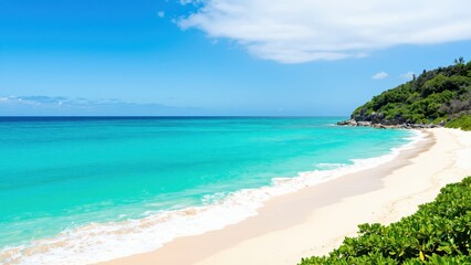 Fototapeta premium Tropical Paradise Beach: A pristine white sand beach meets the crystal-clear turquoise ocean, with lush green vegetation clinging to a rolling hill under a vibrant blue sky with scattered clouds.