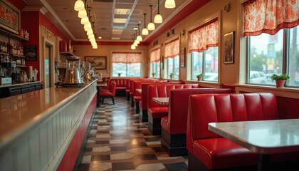Obraz premium Empty vintage diner interior with red booths and counter. Classic retro style with checkered floor and large windows. The scene presents a nostalgic view of an American eatery at evening.