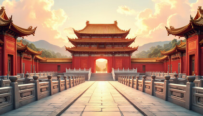 Fototapeta premium Traditional chinese imperial palace complex with red walls golden roofs, ornate decorations. Grand entrance gate opens to distant hills. Ornate balustrades line stone pathways leading to ancient