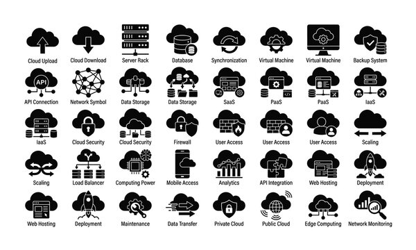 Cloud computing icons set, data storage, network security, web hosting, server rack, database synchronization, API connection, SaaS, PaaS, IaaS vector.