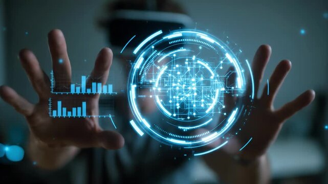 Hands interacting with holographic blue HUD and data display