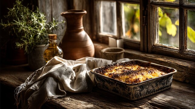 Homemade bobotie fresh from oven with baked custard topping, rustic kitchen setting and cozy natural cooking atmosphere.