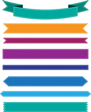 Colorful Ribbon Banners and Labels Vector Set with Stitch Border Detail