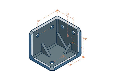 Isometric technical drawing of a metal corner bracket with dimensions. EPS Editable