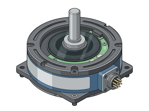 Isometric technical illustration of an industrial rotary encoder sensor with shaft and connector. EPS Editable