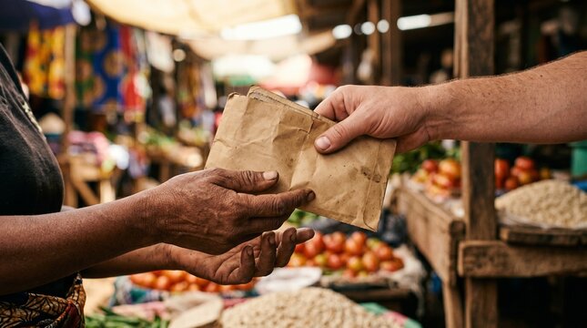 Hand giving cash money in a paper envelope to a vendor for International Volunteer Day local trade support