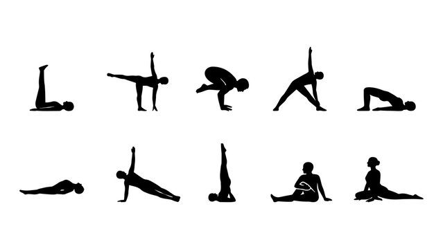 Yoga Pose Silhouette Icon Set 2 &mdash; Legs Up, Side Plank, Crow, Triangle, Bridge, Supine, Shoulder Stand, Seated Twist and Pigeon Pose