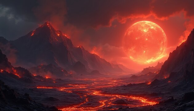 Fiery hellscape landscape features flowing lava rivers, glowing mountains under large burning red sun. Dark ominous clouds fill sky creating dramatic scene. Powerful depiction of extreme heat,