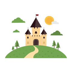 Naklejka premium Flat design illustration of a medieval castle on a hill