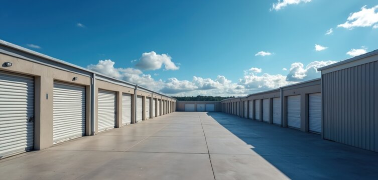 Long rows of modern self storage units under clear blue sky with white clouds. Clean commercial facility offers rental space for various needs, ideal for moving, business inventory, or personal items.
