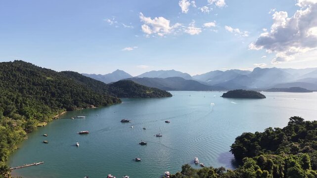 Wide Tropical Bay with Mountains and Boats