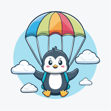 Cute Penguin Parachuting with Colorful Parachute