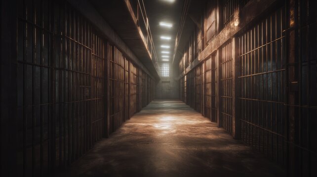 Dimly lit prison corridor, bars and shadows. Artificial intelligence image