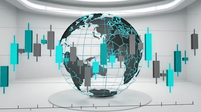 3D world globe with stock market candlestick charts.