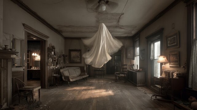Ghostly figure in dimly lit hallway. Artificial intelligence image