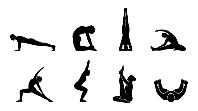 Yoga Pose Silhouette Icon Set 3 &mdash; Plank, Seated Forward Bend, Headstand, Gate, Reverse Warrior, Chair, Boat and Happy Baby Pose