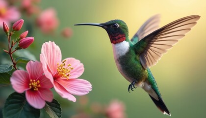 Fototapeta premium Hummingbird flies near blooming pink flower with green leaves. Small bird drinks nectar from blossom. Wildlife in natural habitat. Spring scene in botanical garden. Animal pollinates plant. Beauty in