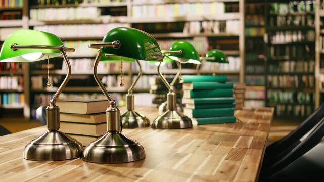 Stack of books placed on wooden library desk beneath green lamps, empty library with bookshelves creating focused academic knowledge and learning, quiet room with study materials and textbooks.