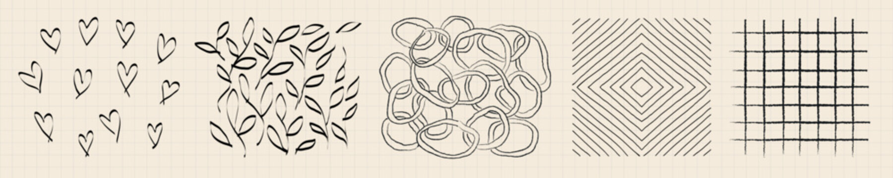 Vector set of abstract hand-drawn patterns: hearts, leaves, loops, lines, grids.