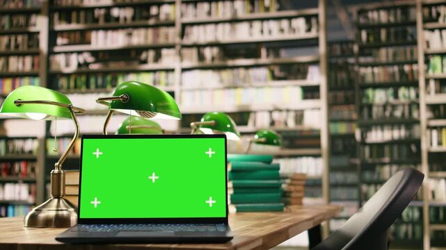 Laptop with green screen copy space in empty library on wooden table, beside green lamps and stack of books, Academic environment with bookshelves used for studying, screen replacement.