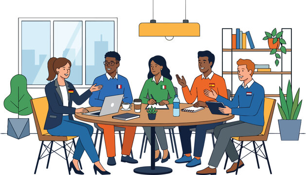 Professional Team Brainstorming Meeting in Modern Office with Vector Illustration Style discussion people conference collaboration workshop digital lines flat design